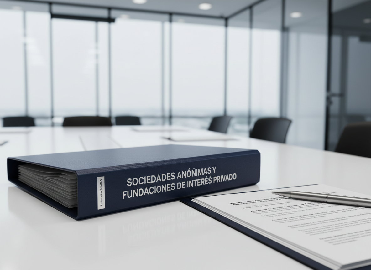 A close-up of an elegant, embossed binder labeled “Sociedades Anónimas y Fundaciones de Interés Privado” in crisp silver lettering on deep navy leather, resting on a pristine white office table. Next to it lies a neatly aligned stack of corporate documents with visible bilingual headings in Spanish and English, and a chrome-plated ballpoint pen placed precisely parallel to the paper’s edge. The background shows a blurred, glass-partitioned corporate meeting room. Cool, diffused daylight from floor-to-ceiling windows bathes the scene, emphasizing textures and edges. Photographic realism, shot at a three-quarter angle with a shallow depth of field, evokes precision, discretion, and high-level corporate legal service.