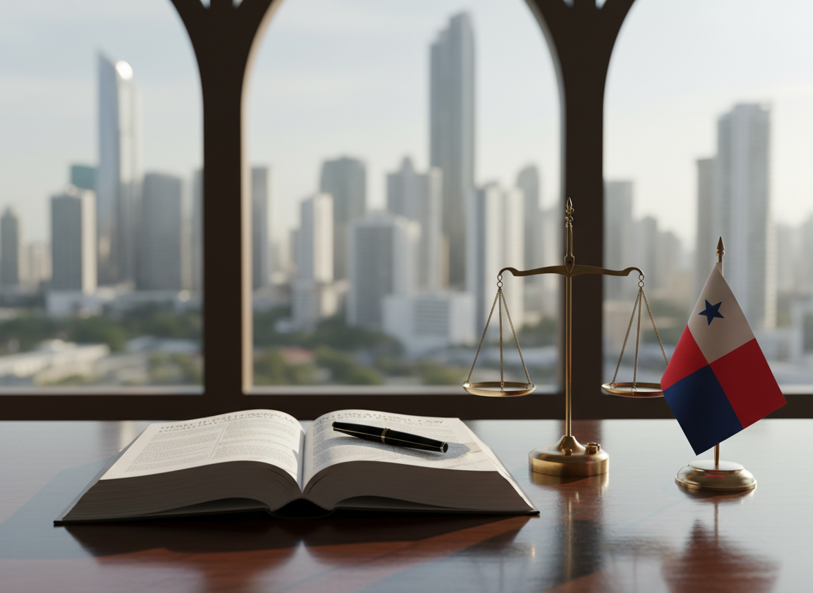 A polished dark-wood legal desk neatly arranged with an open hardcover law book in Spanish and English, a sleek black fountain pen resting across the margin, and a refined brass scales of justice ornament beside a small Panamanian flag on a metal base. Behind the desk, tall windows reveal a softly blurred skyline of modern high-rise buildings in Ciudad de Panamá. Late afternoon natural light pours in, creating gentle reflections on the desk’s glossy surface and subtle highlights on the metallic scales. Photographic realism, shot at eye level with a shallow depth of field, focuses sharply on the book and scales, conveying professionalism, trust, and international legal expertise in a calm, orderly atmosphere.