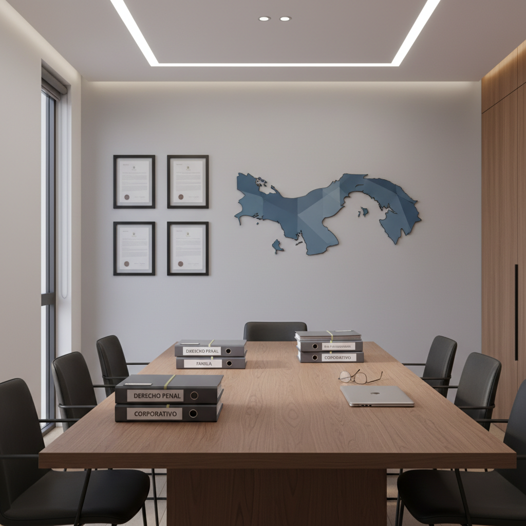 A modern conference table of matte walnut positioned in a minimalist law office, covered with neatly stacked case files labeled “Derecho Penal”, “Familia”, “Civil y Comercial”, and “Corporativo”, alongside a closed silver laptop and a pair of metal reading glasses. On the wall behind, framed documents and a clean, abstract map of Panama add context. Soft overhead LED lighting and diffused daylight from a side window create an even, professional illumination with mild shadows under the files. Captured from a slightly elevated angle with sharp focus throughout, the photographic image feels organized, serious, and welcoming to both national and international clients.