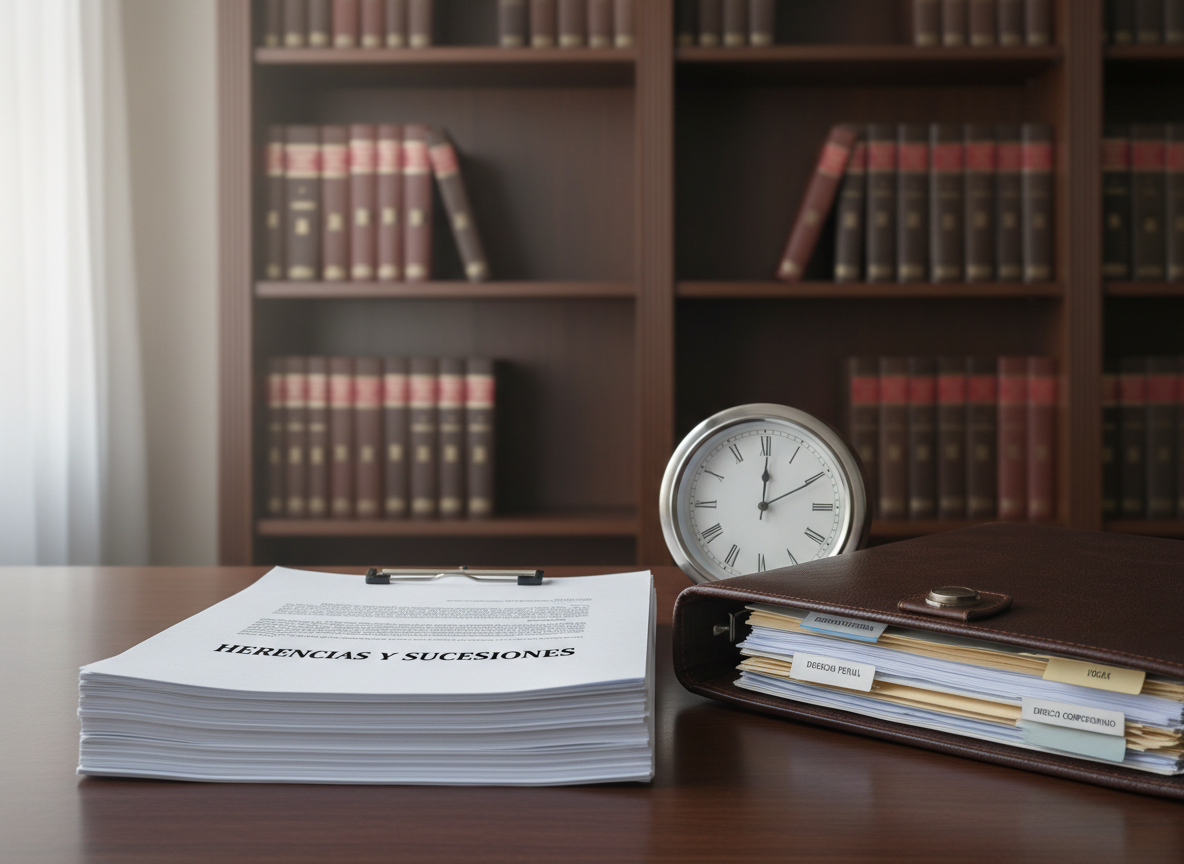 An orderly desktop scene featuring a neatly clipped stack of legal documents titled “Herencias y Sucesiones” in formal Spanish, alongside a dignified dark leather portfolio partially open to reveal more organized files. A classic analog desk clock with a brushed steel frame suggests the importance of timing in legal procedures. In the softly blurred background, a bookcase holds volumes on derecho de familia, derecho penal and derecho corporativo. Gentle, diffused morning light from an unseen window creates a calm, balanced illumination with mild shadows and soft reflections. Photographic realism, eye-level composition, and moderate depth of field communicate reliability, meticulous attention to detail, and respectful handling of sensitive family and inheritance matters.