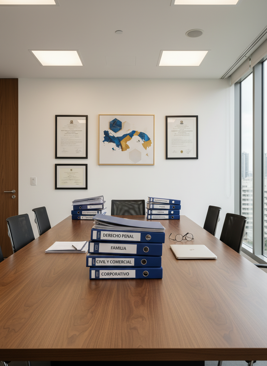 A modern conference table of matte walnut positioned in a minimalist law office, covered with neatly stacked case files labeled “Derecho Penal”, “Familia”, “Civil y Comercial”, and “Corporativo”, alongside a closed silver laptop and a pair of metal reading glasses. On the wall behind, framed documents and a clean, abstract map of Panama add context. Soft overhead LED lighting and diffused daylight from a side window create an even, professional illumination with mild shadows under the files. Captured from a slightly elevated angle with sharp focus throughout, the photographic image feels organized, serious, and welcoming to both national and international clients.