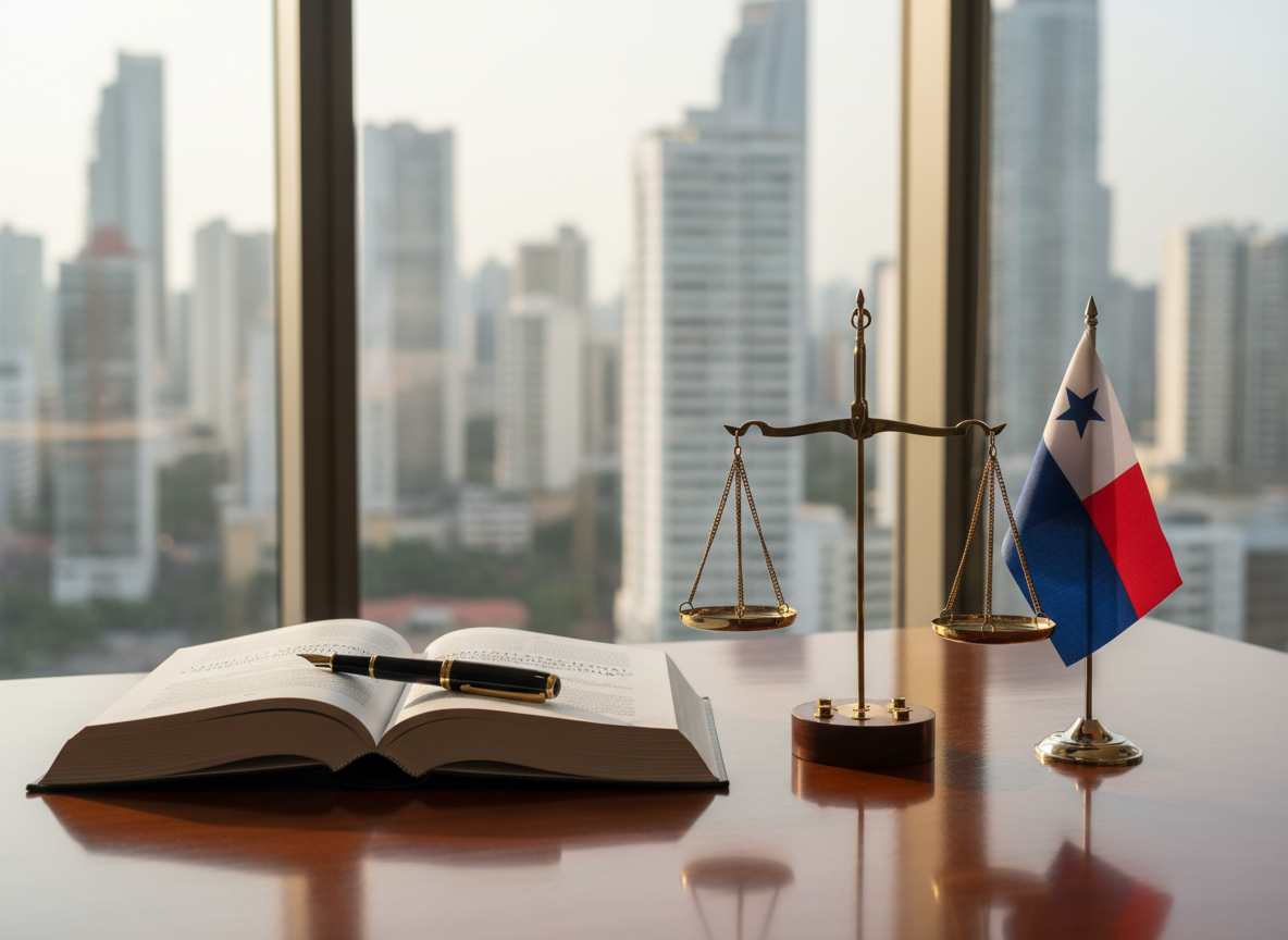 A polished dark-wood legal desk neatly arranged with an open hardcover law book in Spanish and English, a sleek black fountain pen resting across the margin, and a refined brass scales of justice ornament beside a small Panamanian flag on a metal base. Behind the desk, tall windows reveal a softly blurred skyline of modern high-rise buildings in Ciudad de Panamá. Late afternoon natural light pours in, creating gentle reflections on the desk’s glossy surface and subtle highlights on the metallic scales. Photographic realism, shot at eye level with a shallow depth of field, focuses sharply on the book and scales, conveying professionalism, trust, and international legal expertise in a calm, orderly atmosphere.