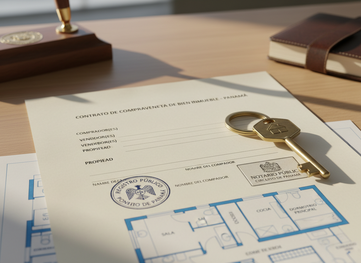 A high-resolution photographic close-up of a formal real estate purchase contract in Spanish, spread across a light oak desk, with a detailed architectural floor plan partially visible beneath. A classic metal keyring with a single engraved brass house key rests on the top corner of the contract, beside a dark blue ink stamp and a rectangular notary-style seal. Warm afternoon sunlight from a nearby window casts soft, directional light, creating gentle shadows and subtle highlights on the metallic surfaces. Shot from a slightly elevated angle with selective focus on the contract’s signature area, the composition feels secure, trustworthy, and tailored to property transactions in Panama for both local and foreign clients.